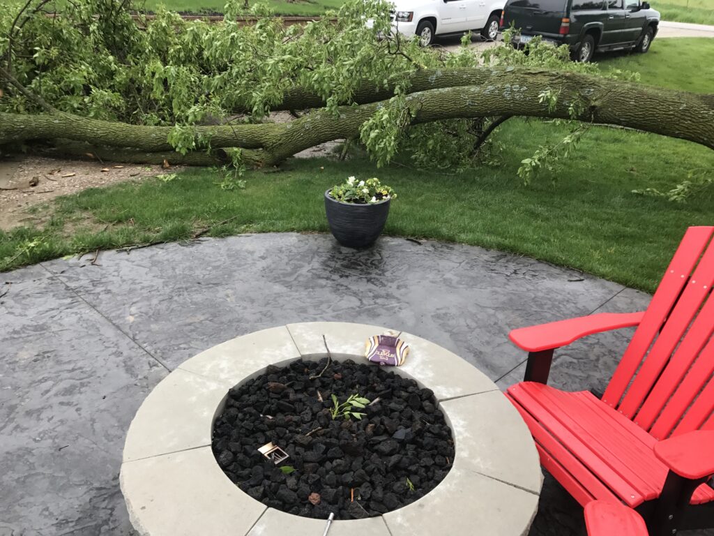 Red adirondack chair beside a circular fire pit with black rocks, a flower pot, and a fallen tree branch in a green yard, illustrating outdoor space challenges for landscaping.